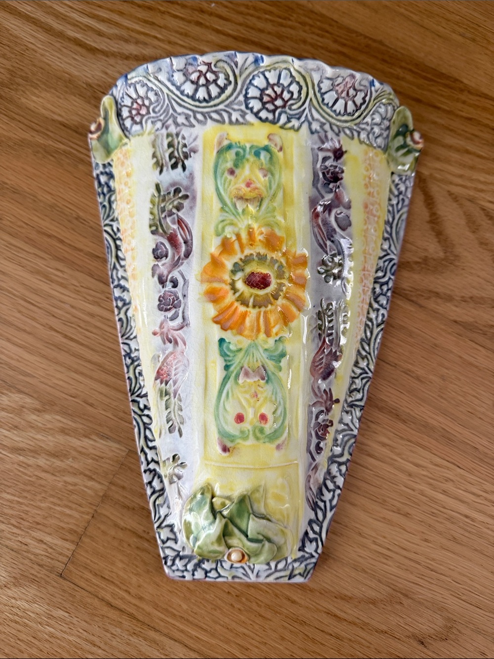 Vintage Floral Ceramic Wall Pocket with Multicolor Relief